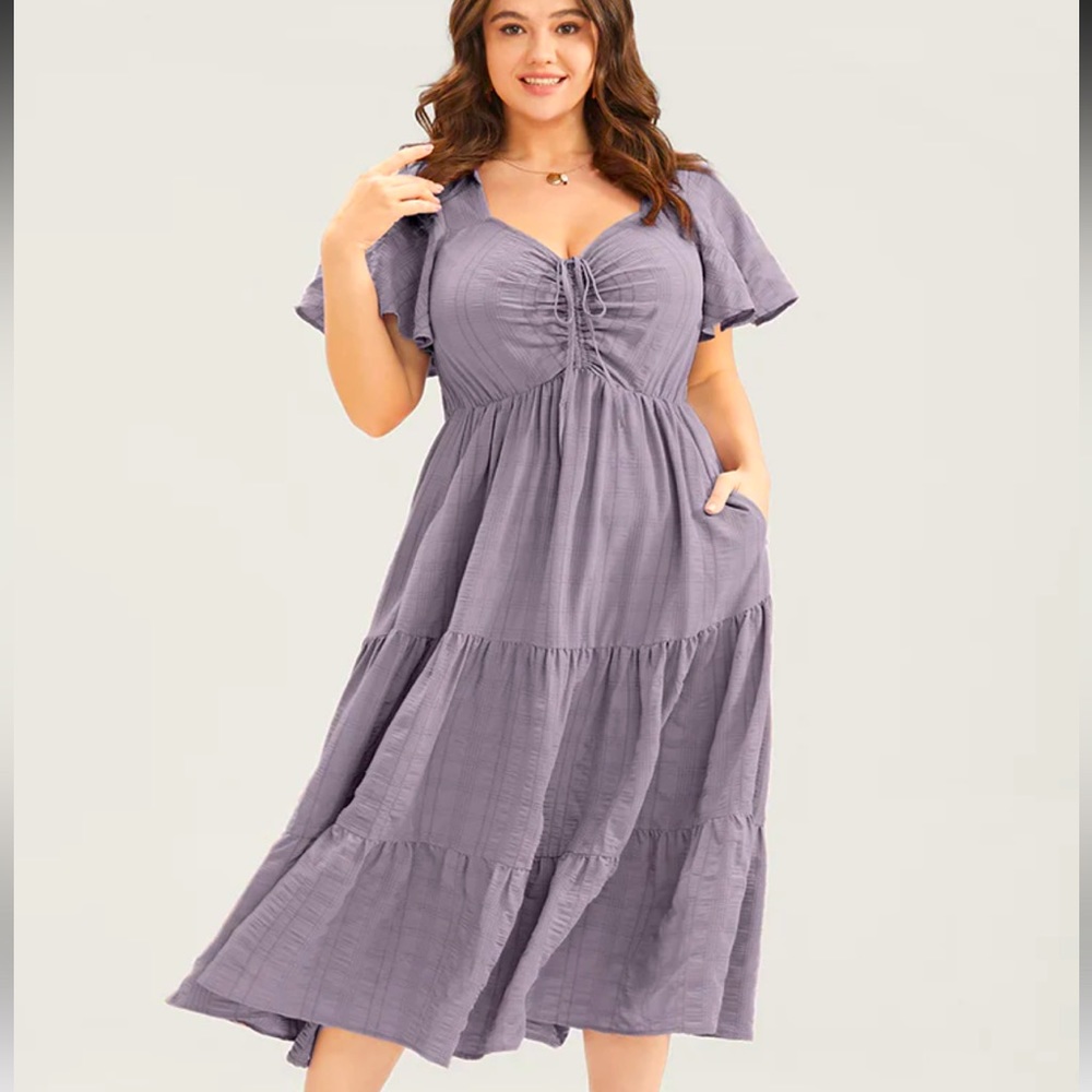 Plain Ruched Drawstring Pocket Ruffle Tiered Dress